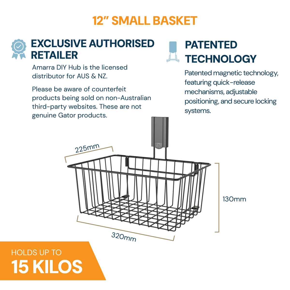Gator Magnetics The Complete Workshop 10 Bundle — 12 inch small basket specifications graphic, 320mm wide, holds up to 15kg