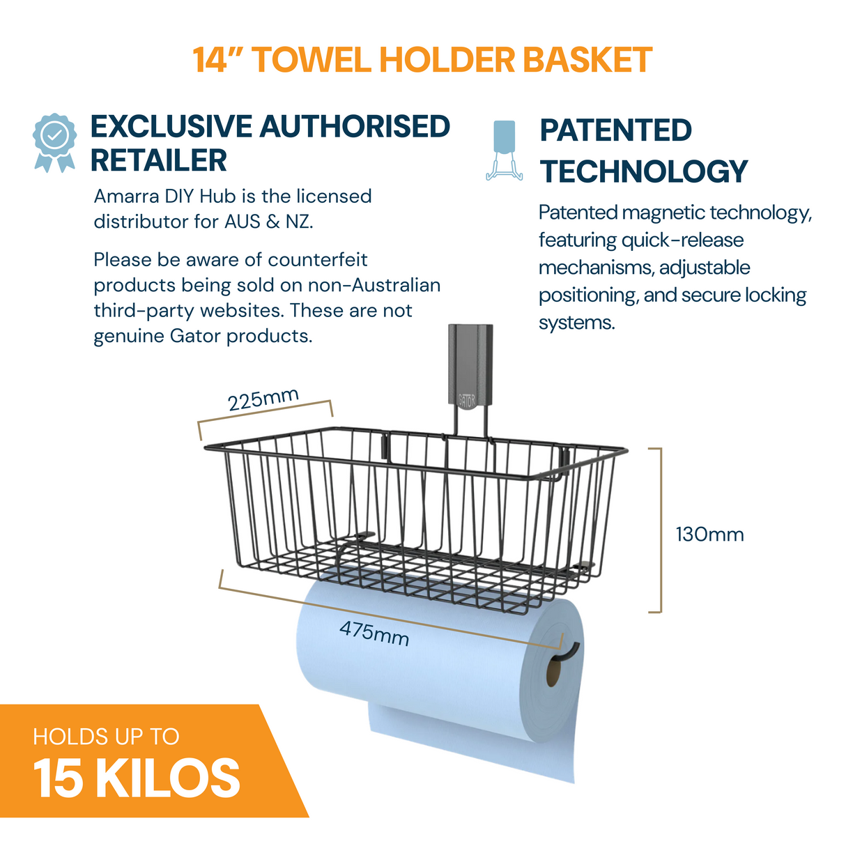 Gator Magnetics Utility Basket with Towel Bar - 15kg Capacity