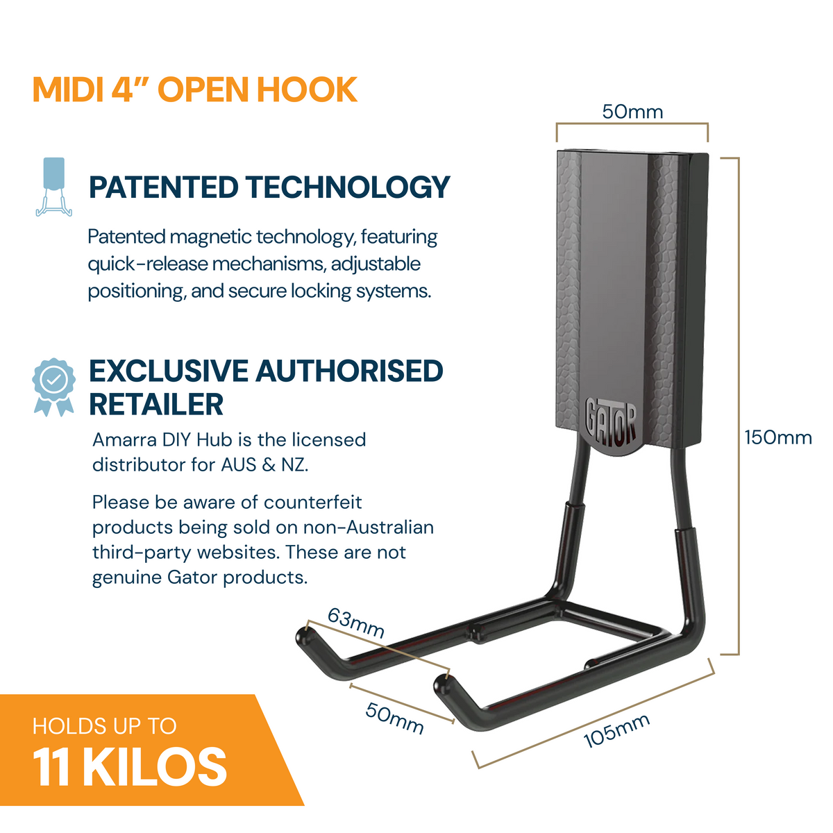 Gator Magnetics specifications graphic showing dimensions and the MIDI 4 inch open hook, 11kg capacity