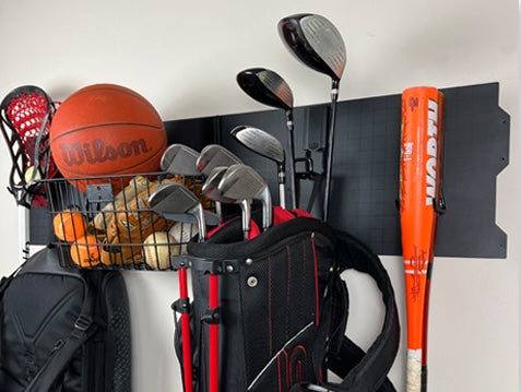Organising Garage Sports Equipment with Wall Baskets and Hooks
