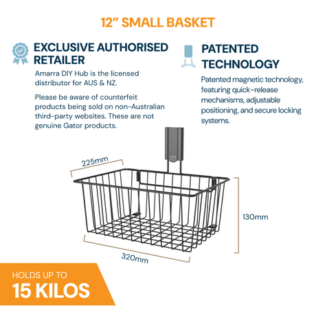 Gator Magnetics The Complete Workshop 10 Bundle — 12 inch small basket specifications graphic, 320mm wide, holds up to 15kg
