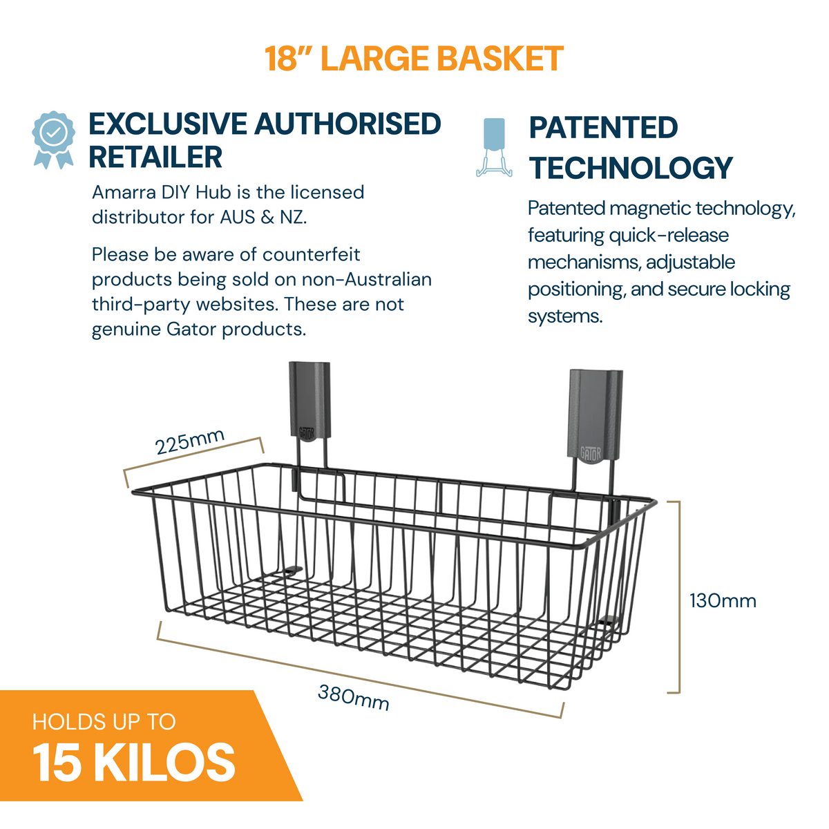 Gator Magnetics The Complete Workshop 10 Bundle — 18 inch large basket specifications graphic, 470mm wide, holds up to 15kg