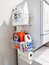 Gator Magnetics white towel basket mounted on a laundry wall