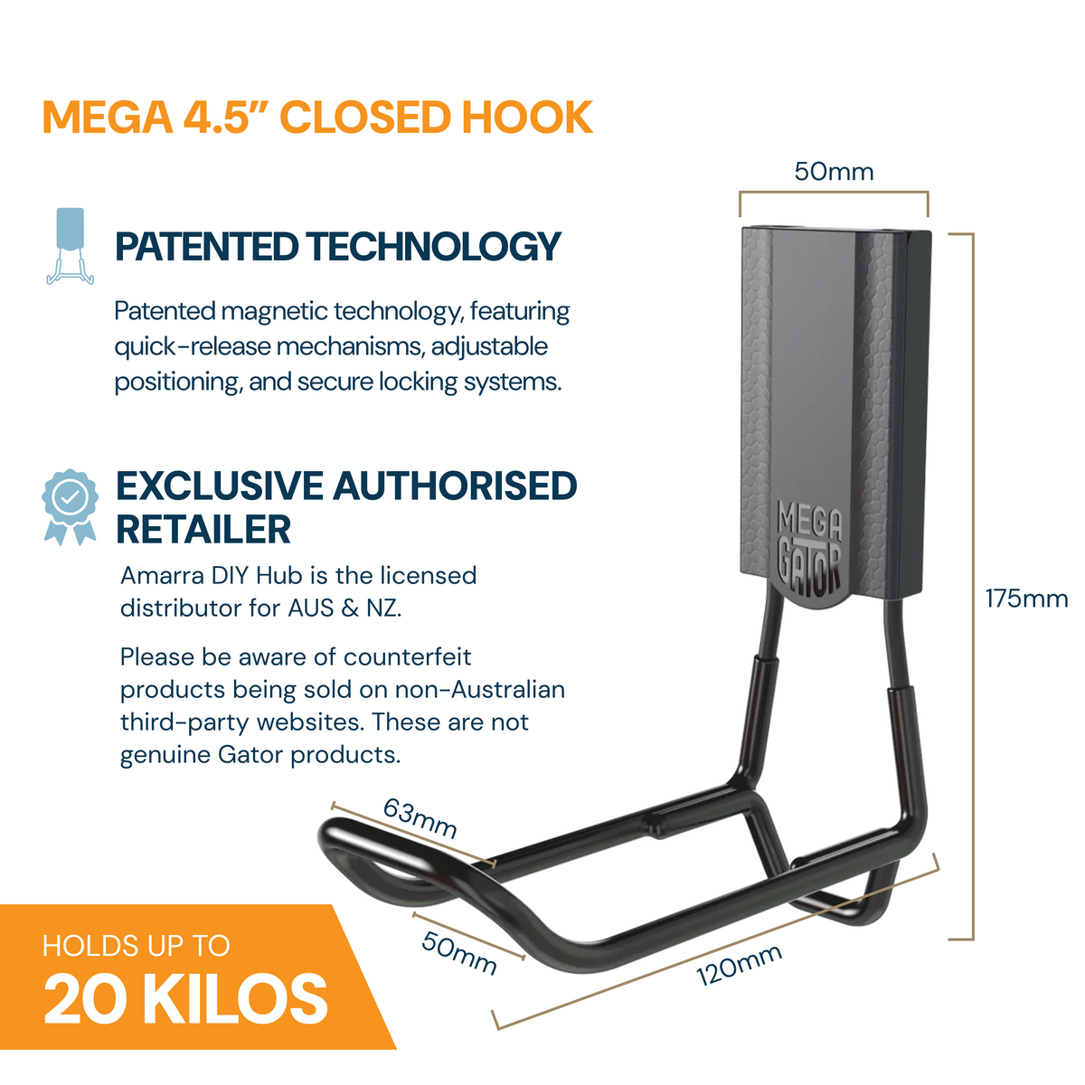 Gator Magnetics specifications graphic showing dimensions and the MEGA 4.5 inch closed hook, 20kg capacity