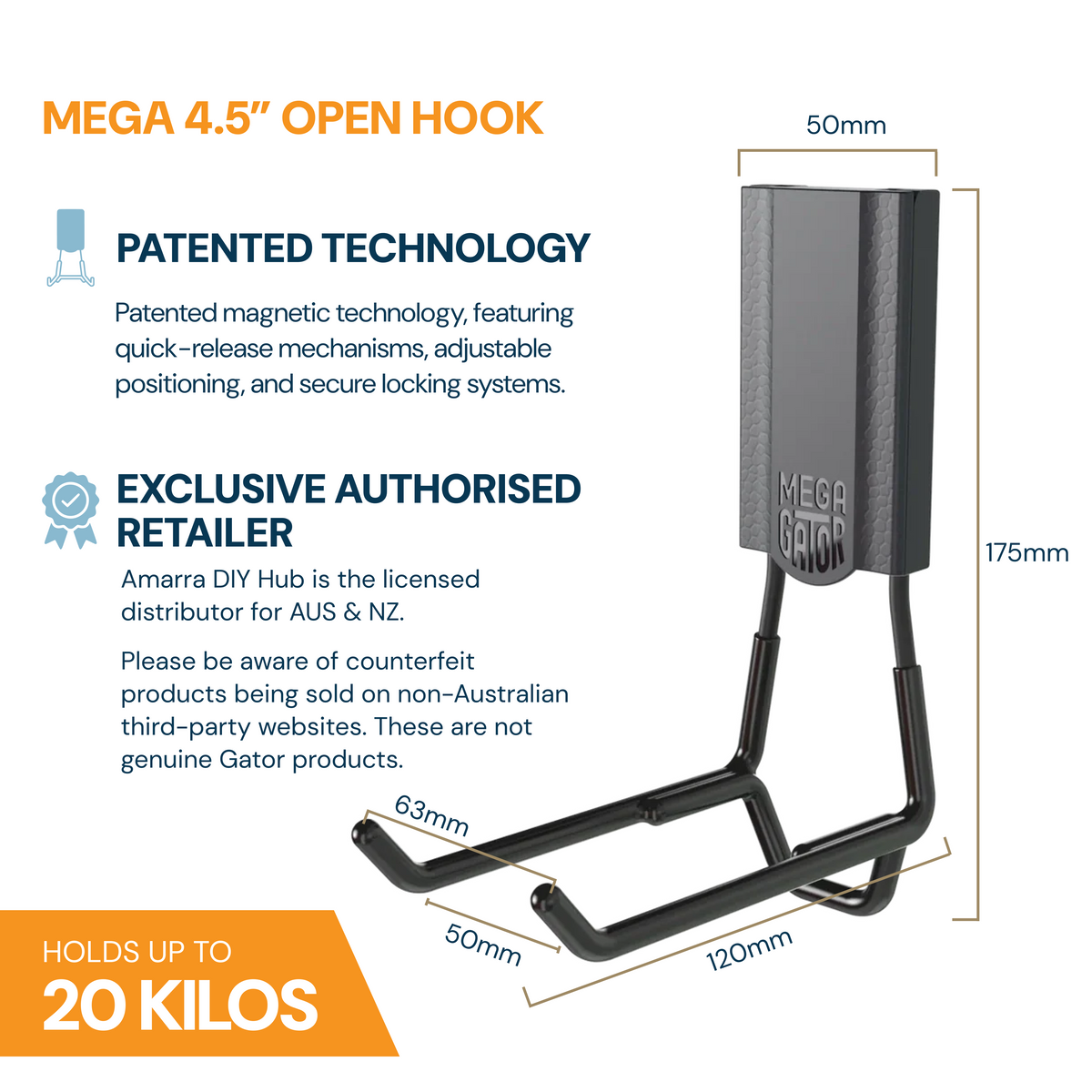 Gator Magnetics specifications graphic showing dimensions and the MEGA 4.5 inch open hook, 20kg capacity