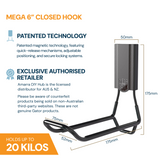 Gator Magnetics specifications graphic showing dimensions and the MEGA 6 inch closed hook, 20kg capacity