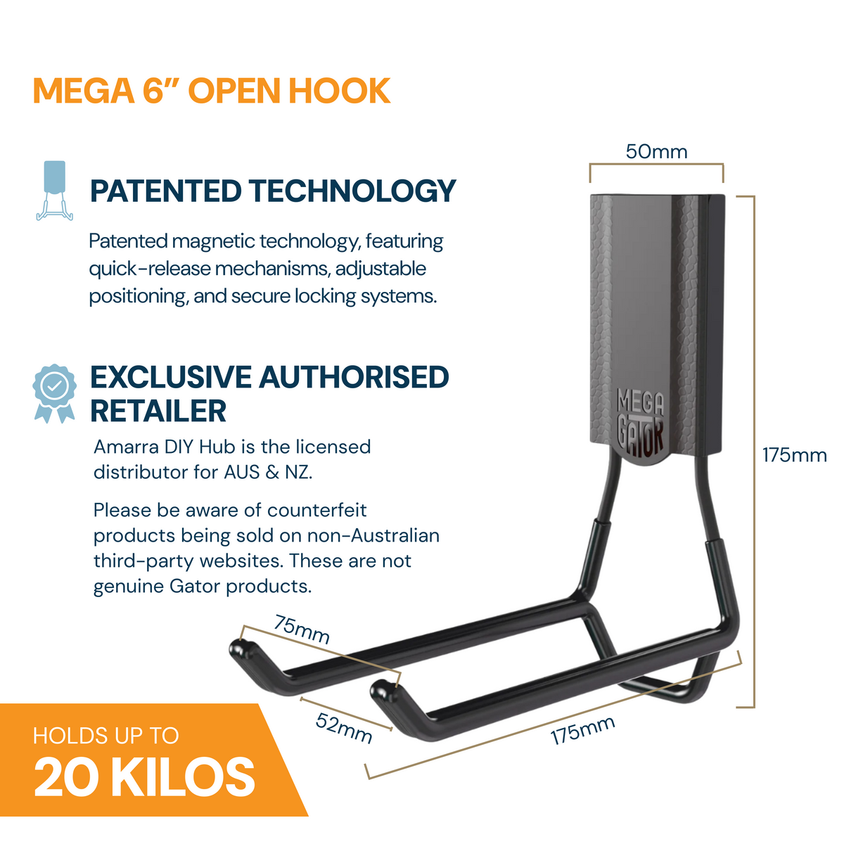 Gator Magnetics specifications graphic showing dimensions and the MEGA 6 inch open hook, 20kg capacity