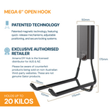 Gator Magnetics specifications graphic showing dimensions and the MEGA 6 inch open hook, 20kg capacity