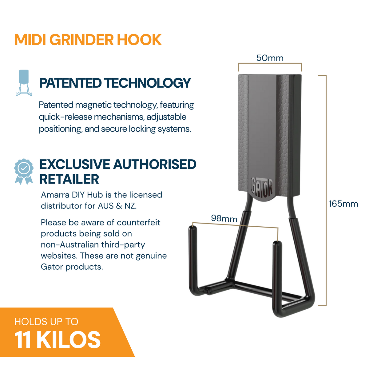Gator Magnetics The Pro Tradie 8 Bundle — specifications graphic showing dimensions and the MIDI angle grinder hook, 11kg capacity