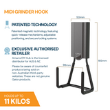 Gator Magnetics The Pro Tradie 8 Bundle — specifications graphic showing dimensions and the MIDI angle grinder hook, 11kg capacity