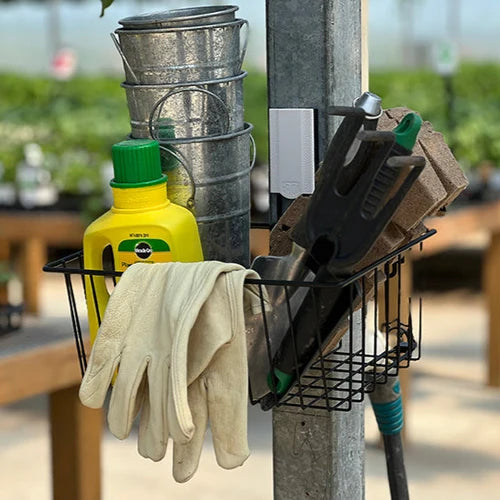 Gator Magnetics The Complete Workshop 10 Bundle — black basket holding garden gloves and a sprayer on a galvanised steel wall