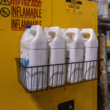 Gator Magnetics The Complete Workshop 10 Bundle — black basket holding six white containers on a yellow flammables cabinet
