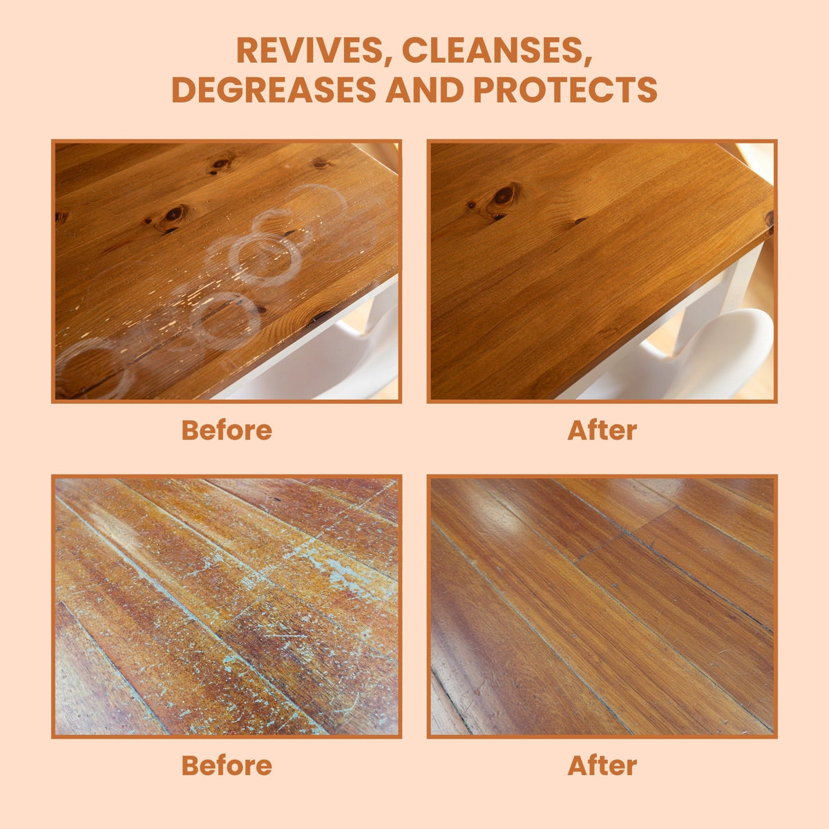 Before and after: water rings lifted from a timber table top and a scuffed hardwood floor revived