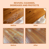 Before and after: water rings lifted from a timber table top and a scuffed hardwood floor revived