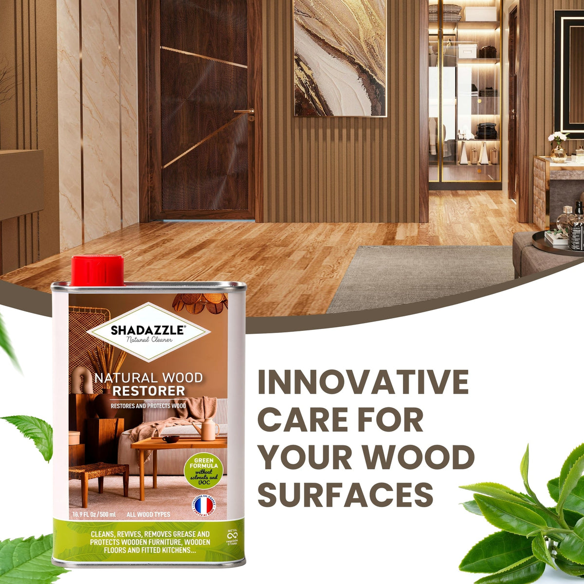 Shadazzle Natural Wood Restorer in a hallway with restored timber flooring and panelling