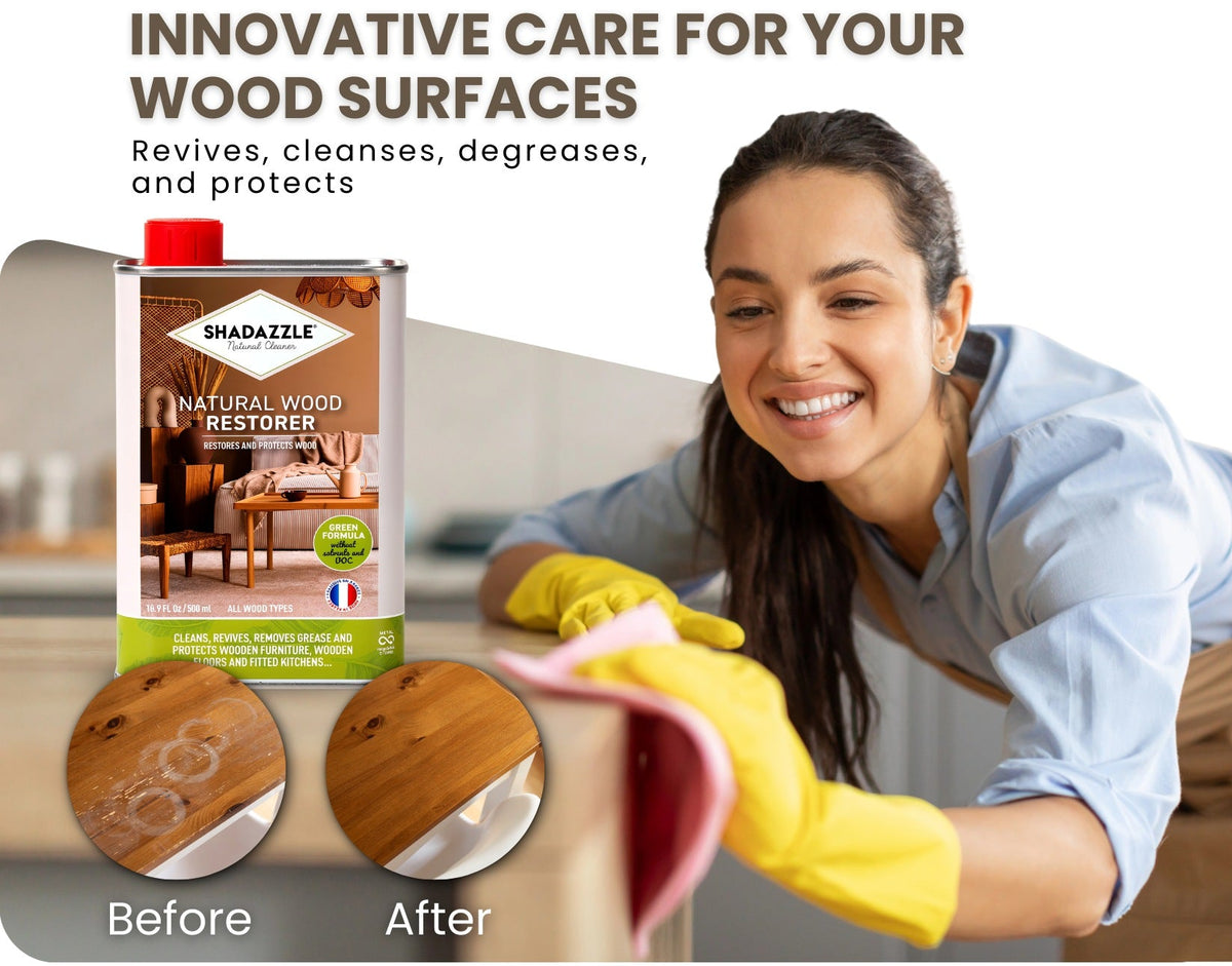 Innovative care for your wood surfaces — revives, cleanses, degreases and protects, with before and after water rings lifted from a timber bench