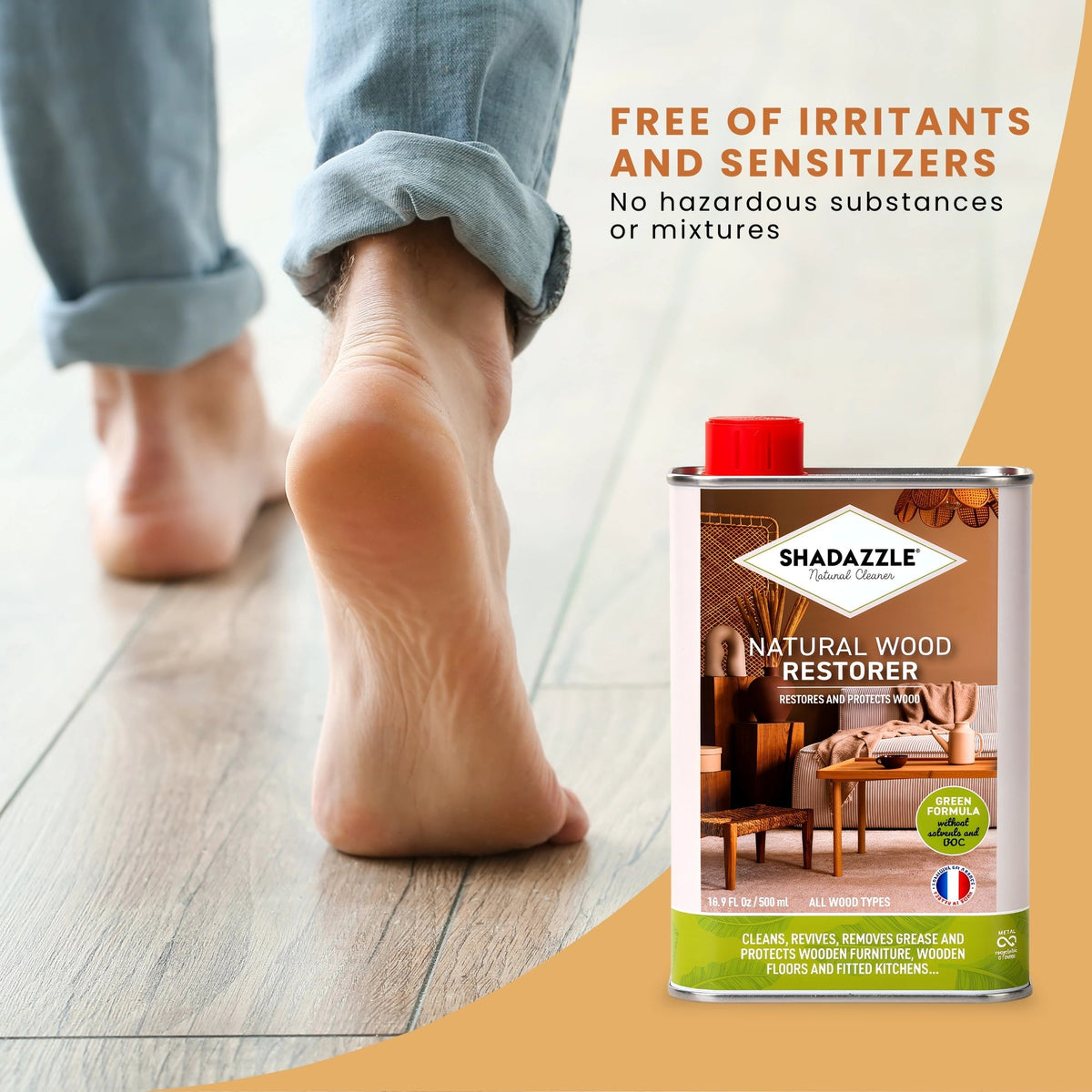Bare feet on a restored timber floor: free of irritants and sensitizers, no hazardous substances