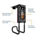Gator Magnetics annotated diagram showing the patented quick release lever, magnetic technology and anti-slip TPE coating